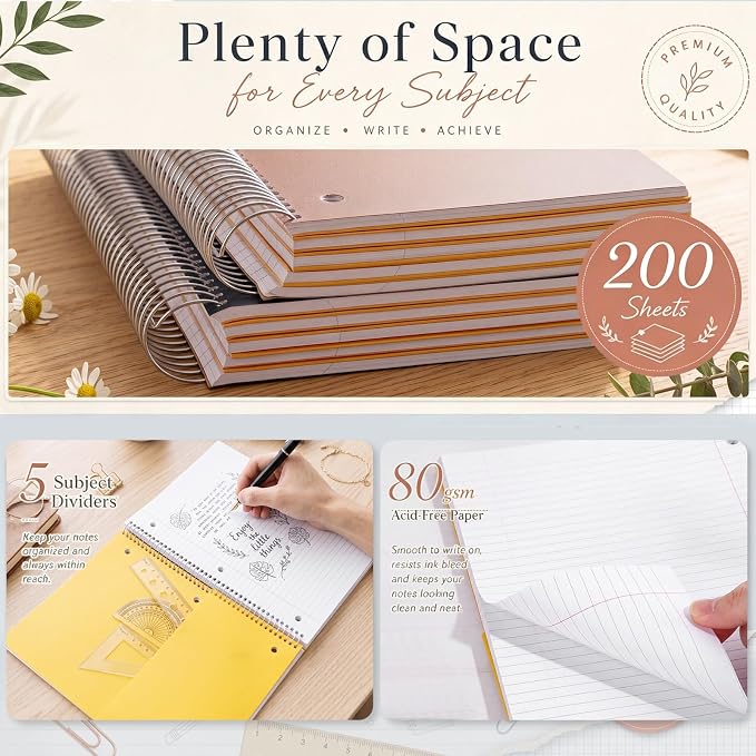 Qilery 6 Pack 5 Subject Notebook College Ruled with Hardcover 200 Sheets Thick Pages 8 x 10.5 Inch Spiral Journal Thick Notebook 3 Hole Assorted Colors Easy Tear Line Office (Business Color)