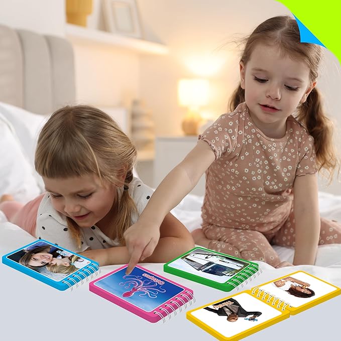 4 Flipbooks for Learning Words, Mini Book Set with Real Pictures, Vocabulary Builder to Learn Verbs, Nouns, Foods, Animals, Double Sided Printed Word Learning Flipbook, Early Educational Tool For Kids