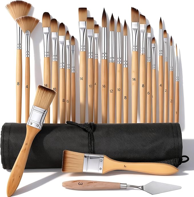 25 PCS Acrylic Paint Brush Set, Professional Paintbrushes, Expert Synthetic Nylon Bristles Paint Brush Kit with Upgraded Short Handle Wide Flat & Palette Knife for Acrylic, Oil, Watercolor, Gouache