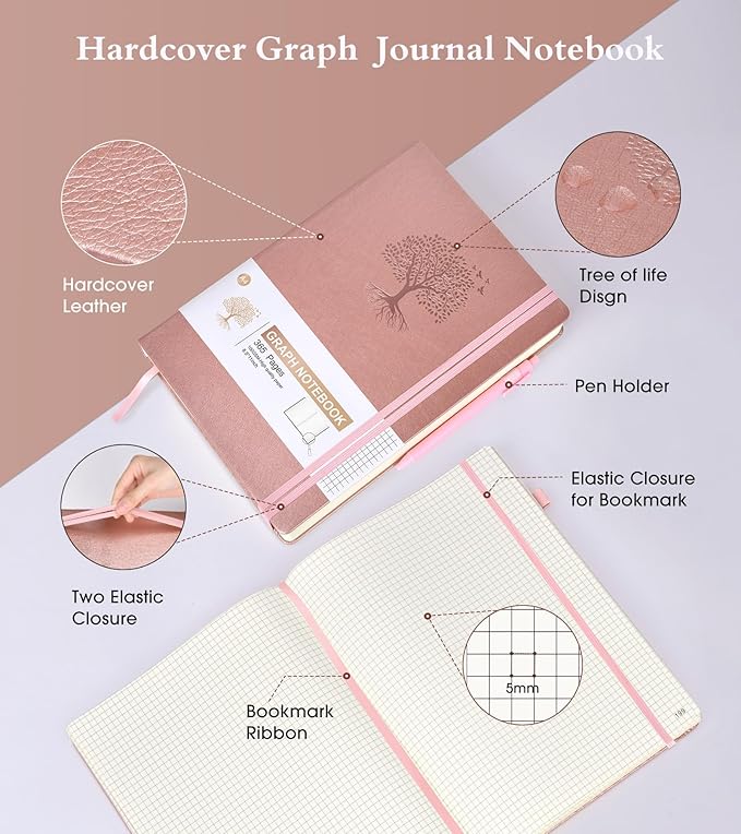 Ansopu Graph Paper Notebook Journal, 360 Numbered Pages Grid Notebooks, Thick 100gsm Graphing Paper Notebook Journals for Women Men, B5 Large Hardcover Leather Graph Notebook 7.6'' X 10'' Pink