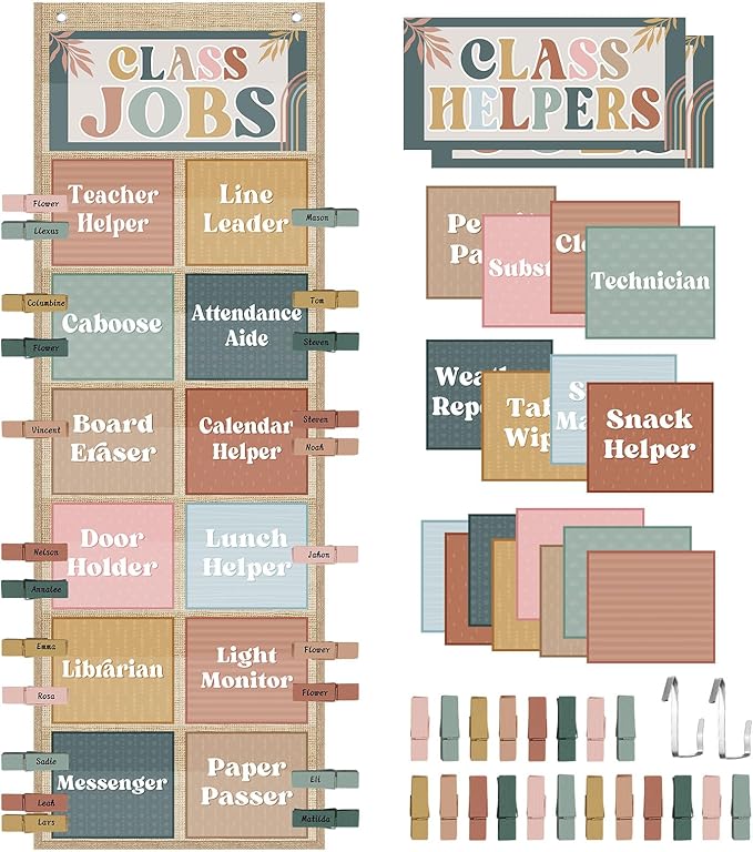 Pasimy Modern Boho Class Jobs Pocket Chart Class Helpers Pocket Chart Classroom Jobs Cards with Clips and Hooks Teacher Helper Bulletin Board Set for Back to School Classroom Teacher Supplies