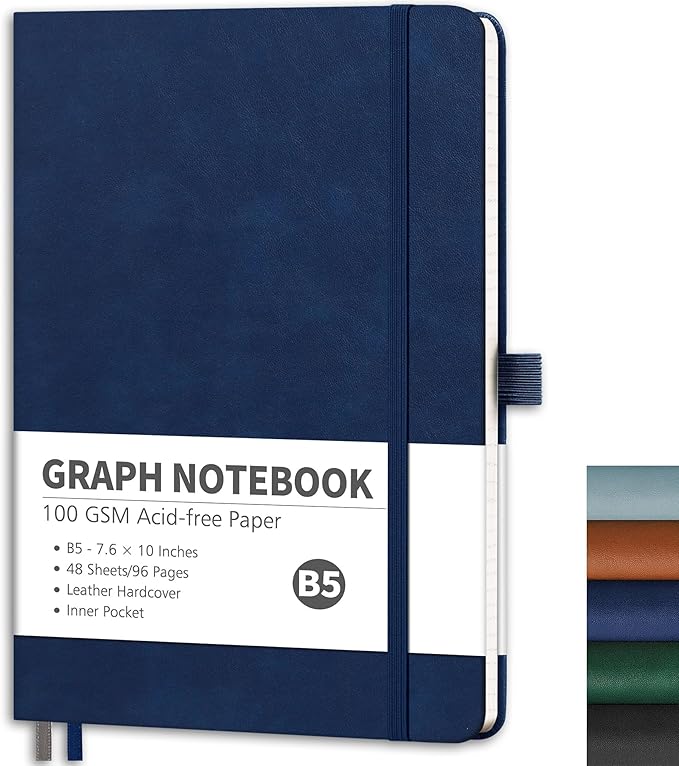 RETTACY Graph Grid Paper Notebook, 96 Pages, B5 Medium Size (7.6'' x 10''), 5 Squares per Inch, Leather Hardcover, 100 GSM Thick Paper, for School, Students, Math, Engineering (Navy Blue)