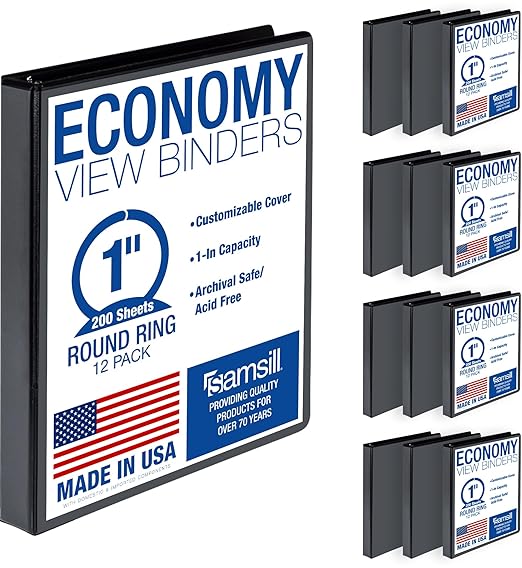 Samsill 1 Inch 3 Ring Binders, Economy Round Ring, Clear View Cover, 200 Sheet Capacity - for School, Home, Office - Black, 12 Pack