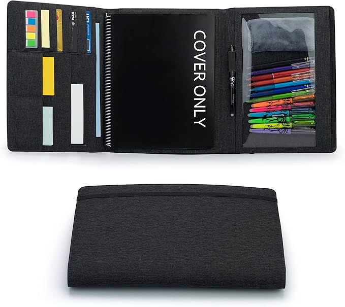 Folio Cover Compatible with Rocketbook Fusion, Panda, Everlast, Waterproof Fabric, Multi Organizer with Pen Loop, Zipper Pocket, Business Card Holder, fits A4 Size Notebook, Black