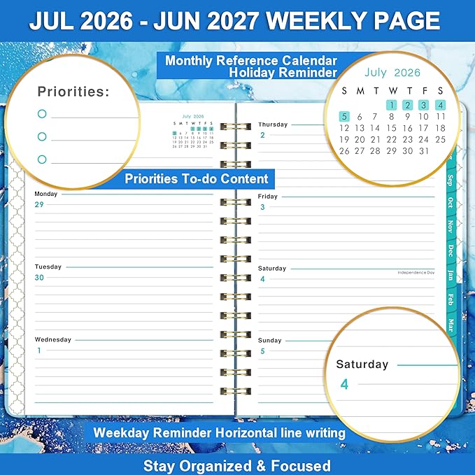 Planner 2026-2027 - Academic Planner 2026-2027, July 2026 - June 2027 Weekly and Monthly Planners, 8.5" x 6.4", with Elastic Closure + Back Pocket + Thick Paper