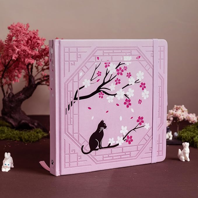 TIEFOSSI Square Dotted Journal, Cute Cat Journal for Women Girls, Dot Notebook with Pretty Sakura Pattern, Aesthetic Diary for Writing Journaling Drawing, Golden Edges, 8 x 8 IN