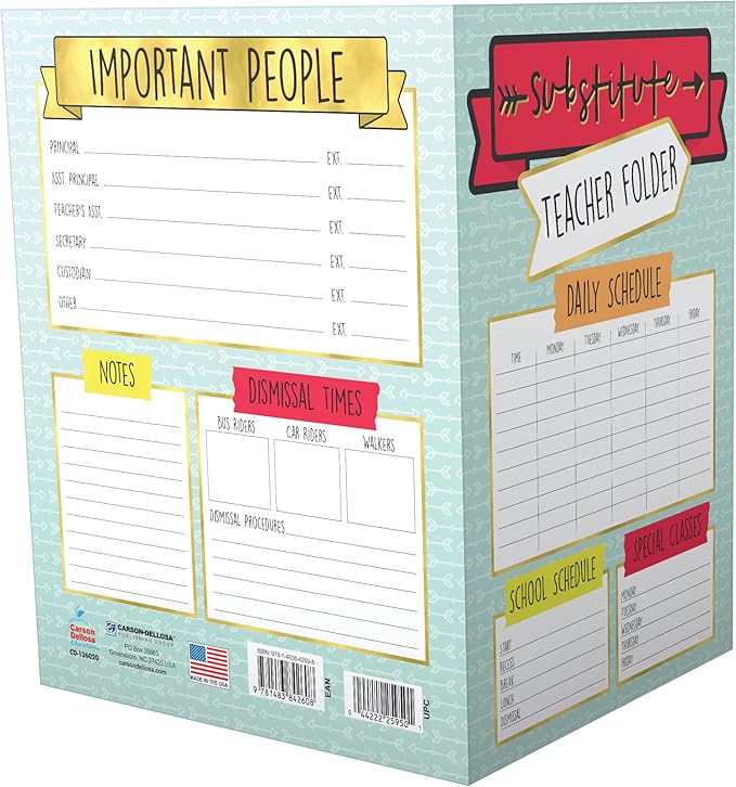 Carson Dellosa Substitute Teacher Folder, Schedules, Routines, Procedures, Classroom Management, Contact Information, and More, Desk Organizer School Supplies