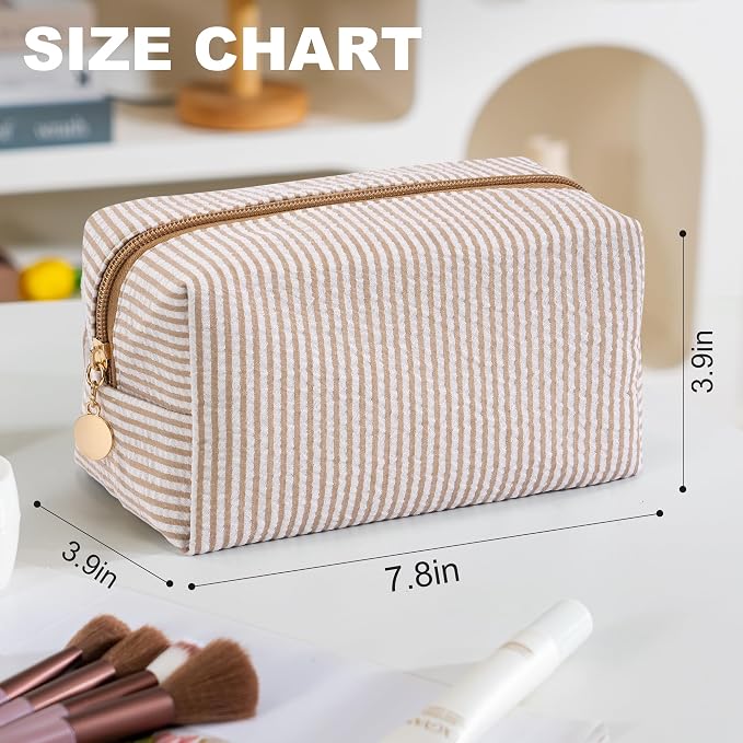 Makeup Bag Travel Toiletry Bag for Women, Small Cosmetic Bags Cute Brown Stripe Aesthetic Organizer Makeup Pouch for Purse Emergency Bag Pencil Case Accessory Bag