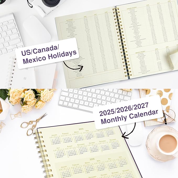 AUROPLANNER Undated Daily Planner To Do List Hourly Schedule 2027 2026 2025 Calendar & Holiday Habit Tracker 180 Pages Letter Size 8.5" x 11" Sheets Hardcover Spiral Bound Notebook (Purple Indigo)