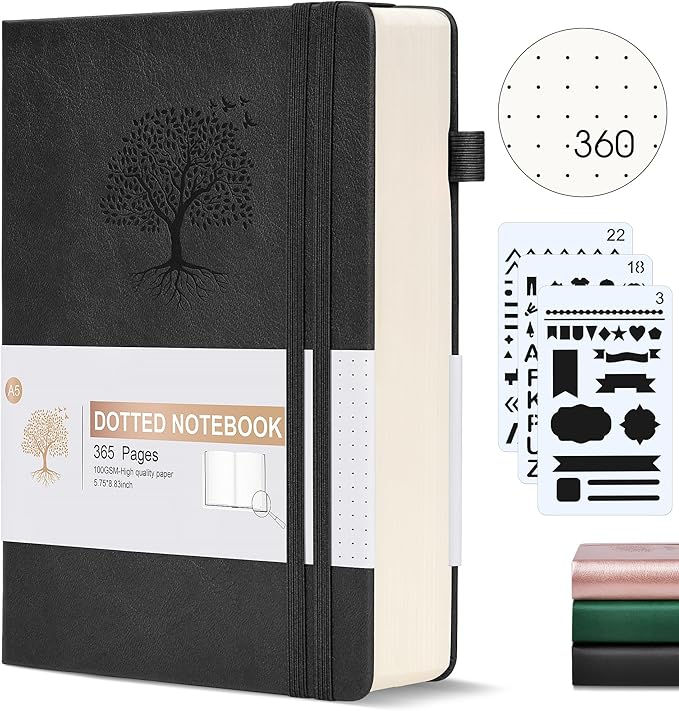 Ansopu Dotted Journal Notebook, 360 Numbered Pages Bullet Dot Grid Journals,100gsm Dot Paper Thick Hardcover Leather Journal for Writing Women Men,A5 Dotted Grid Notebooks for Work 5.75" x 8.38" Black