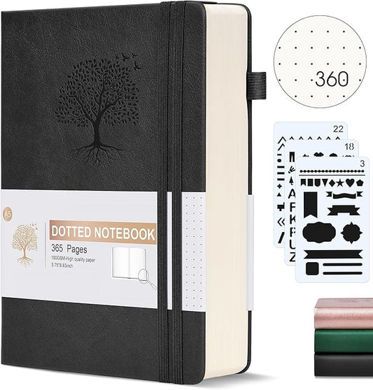 Ansopu Dotted Journal Notebook, 360 Numbered Pages Bullet Dot Grid Journals,100gsm Dot Paper Thick Hardcover Leather Journal for Writing Women Men,A5 Dotted Grid Notebooks for Work 5.75" x 8.38" Black