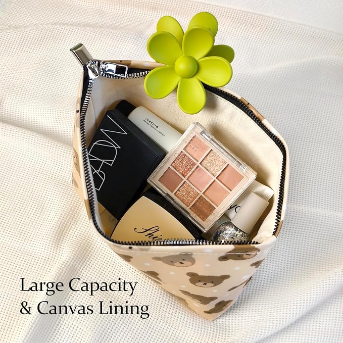 STARDW Cute Makeup Bag Organizer Cosmetic Travel Bag for Women & Girls | Canvas-Lined Makeup Pouch with Zipper, Large Capacity Travel Toiletry Bag, Aesthetic Pouches for Purse, Portable & Washable