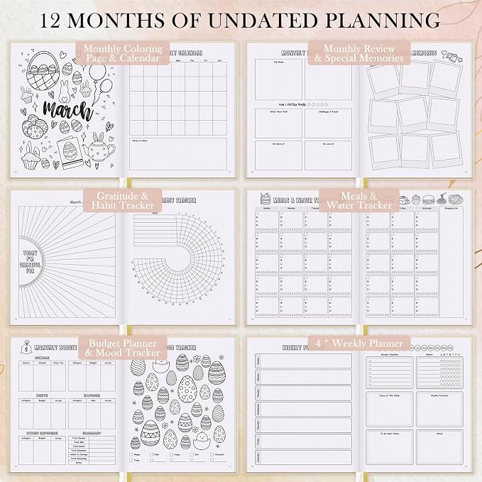 Everloria Premade Dotted Journal Notebook, 12 Months Pre-made Bullet Templates, 260 Hand-Drawn Coloring Pages, Undated Weekly & Monthly Planner, 7.8"x9.3" Linen Dot Grid Habit Mood Tracker, Beige