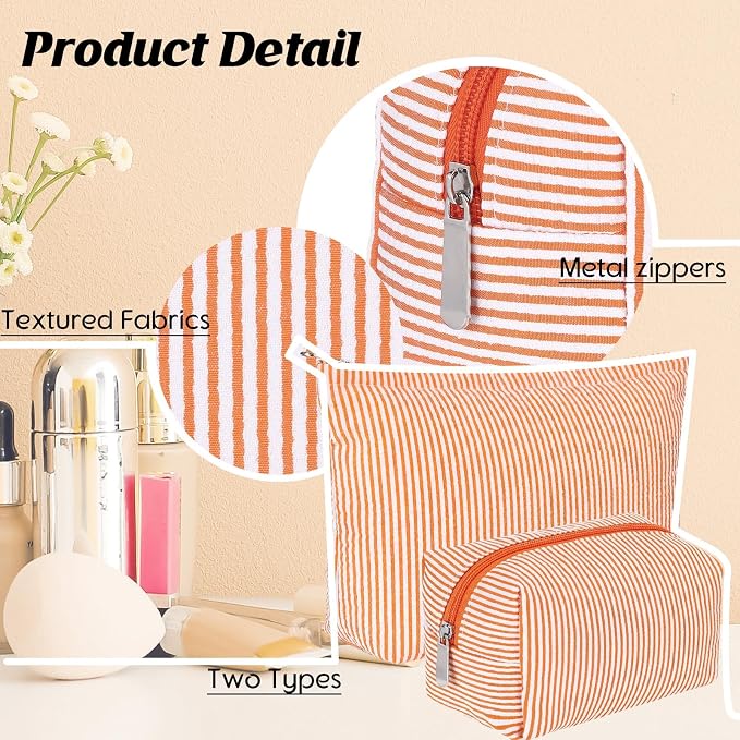 Huhumy 2 Pcs Makeup Bag Set for Women, Orange, Thin Striped Seersucker | Cute Cosmetic Pouch Women Travel Toiletry Bag Preppy Small Makeup Purse Pouch Aesthetic Skincare Brushes Storage Organizer