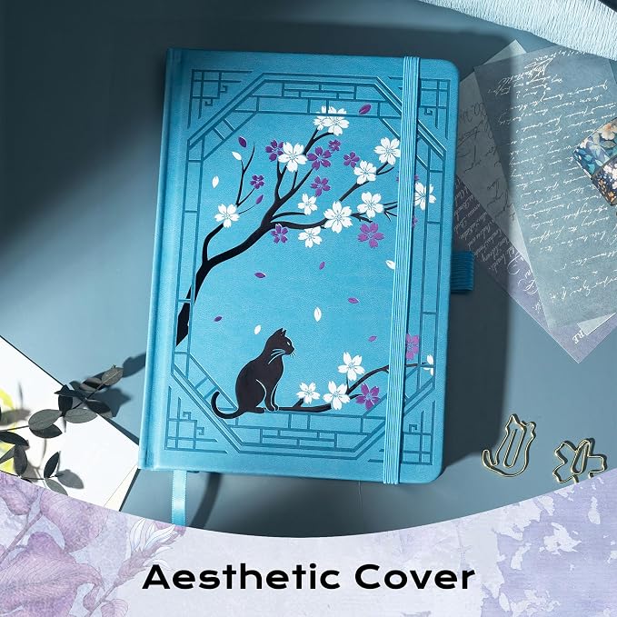 TIEFOSSI A5 Dotted Journal, Cute Cat Journal for Women Girls, Dot Notebook with Pretty Sakura Pattern, Aesthetic Diary for Writing Journaling Drawing, Golden Edges