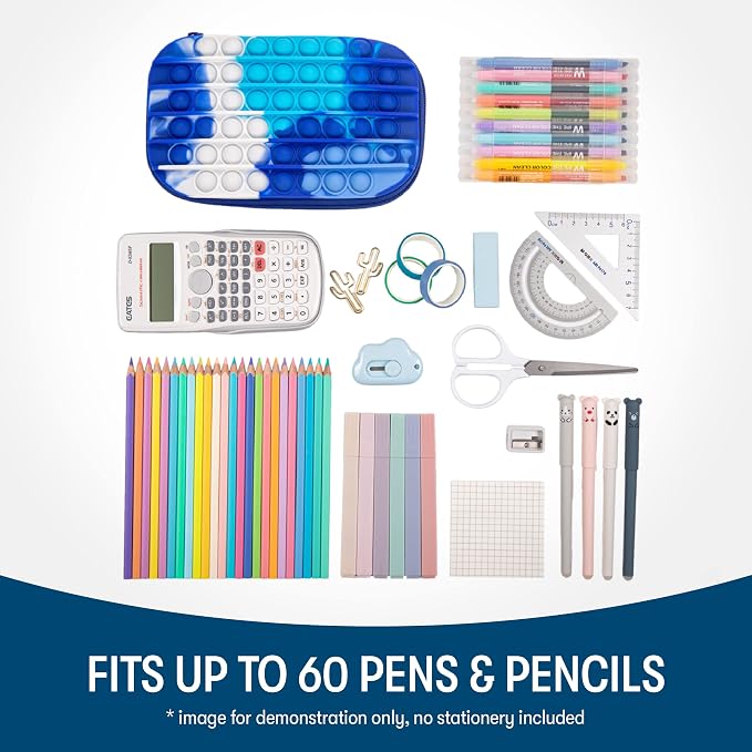 ZIPIT POP Pencil Case for Boys, Silicone Sensory Fidget Pencil Box, Blue | Playful box for kids with tactile top, sturdy crack-proof shell, secure zipper, large capacity holds 60 pens & pencils