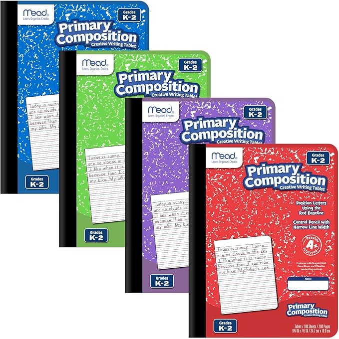 Mead Primary Composition Book, Primary Ruled Journal, Grades K-2, 7-1/2" x 9-3/4", 100 Sheets per Comp Book, Colors Will Vary, 12 Pack (610054-ECM)