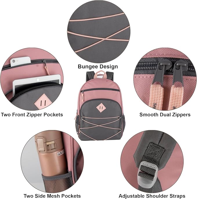 Summit Ridge Boys and Girls School Backpacks with Bungee Cord Front | 17” Multi Pocket Backpack for Kids, Teens, Adults, Travel (Pink/Grey)