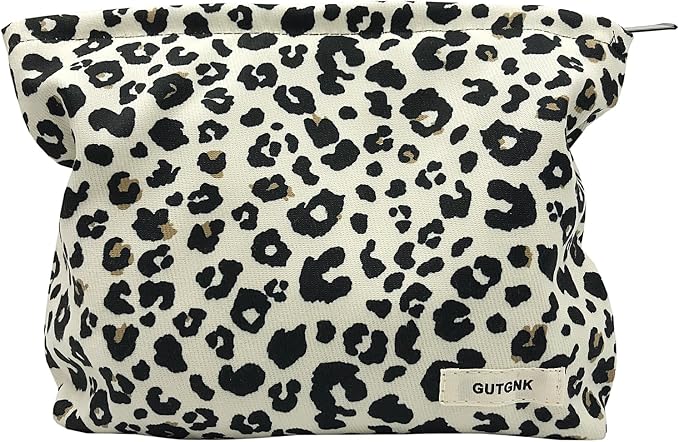GUTGNK Corduroy Ladies Cosmetic Bag, Large Capacity Canvas Cosmetic Bag Travel Toiletry Bag Accessories Organizer, Black Spot Leopard Print