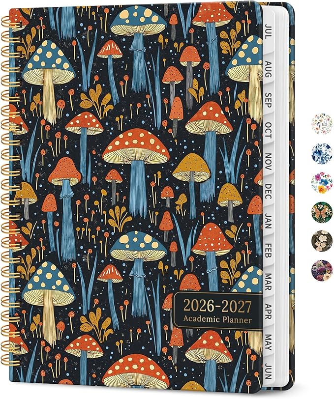 Planner 2026-2027, Academic Year Monthly and Weekly Calendar Planner, Jul 2026 - Jun 2027, Hardcover Teacher Student Planning Agenda book with Tabs, Perfect for School Office Supplies, 6.3" x 8.5" - Enchanted Mushrooms