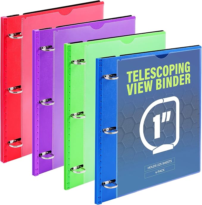 WOT I 1 Inch Telescoping 3 Ring Binder 4 Pack, Expandable Flexible Binder with Customizable Front Cover & Clear Catalog Pocket, Holds 8.5"x11" Paper, Assorted Colors, School Office Supplies