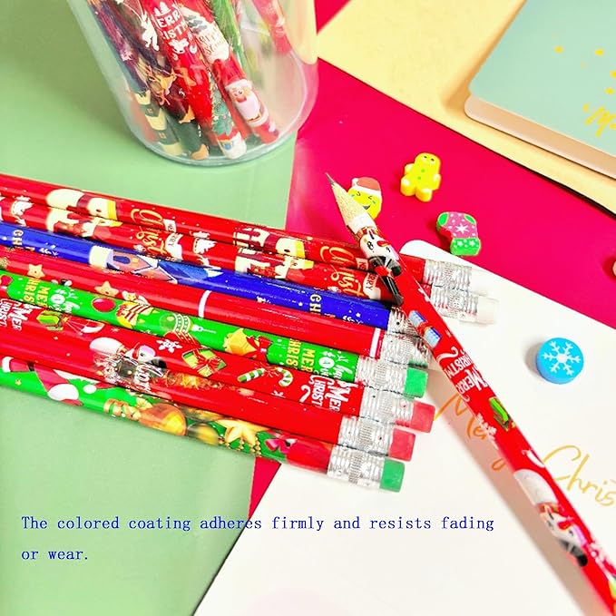 72PCS Wooden cased Christmas Pencils for Kids with Erasers, Wood Pencils for School,Drawing,Gift (72PCS) (Christmas, 72)
