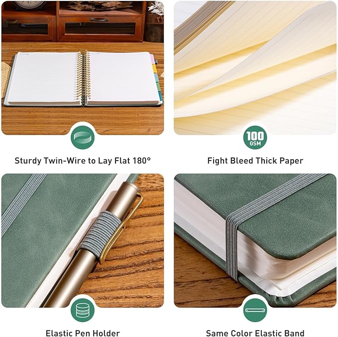 Ovesmusl Hardcover Spiral Notebook 8.5" x 11" with 5 Removable Dividers 300 Pages Leather 5 Subject Notebook College Ruled 100GSM Large Spiral Notebooks for Work Thick Lined Journal for Women, Green