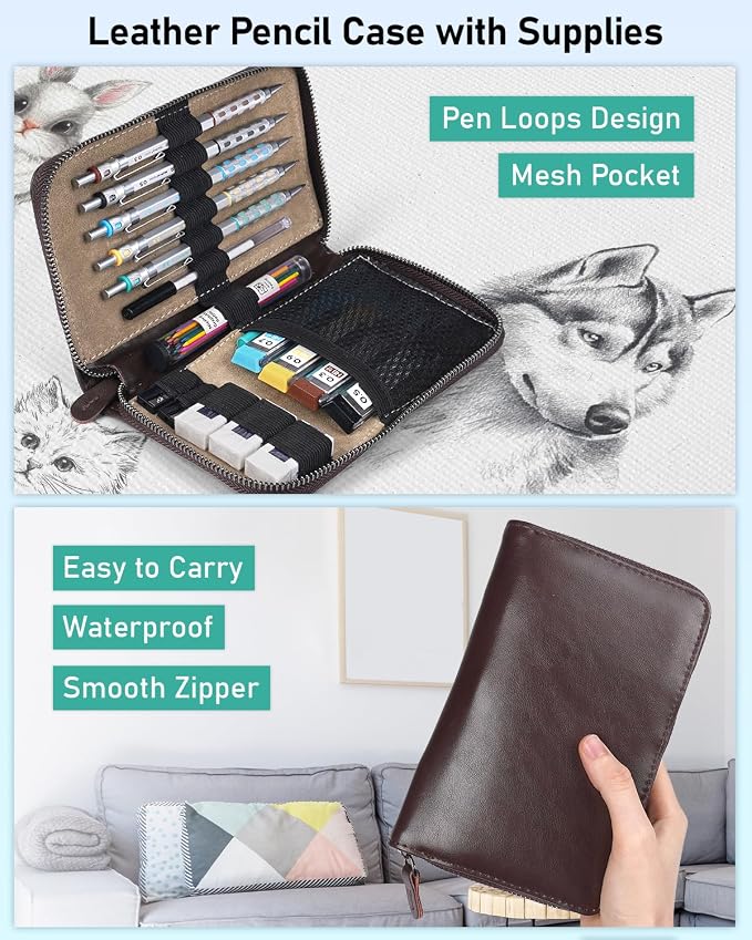 Nicpro Blocky Gear Metal Mechanical Pencil Set in Leather Case | 29PCS Art Drafting Pencils (0.3/0.5/0.7/0.9/2mm) with 330PCS Lead (HB 2H 4H 2B 4B 6B Color) For Writing Sketching Drawing