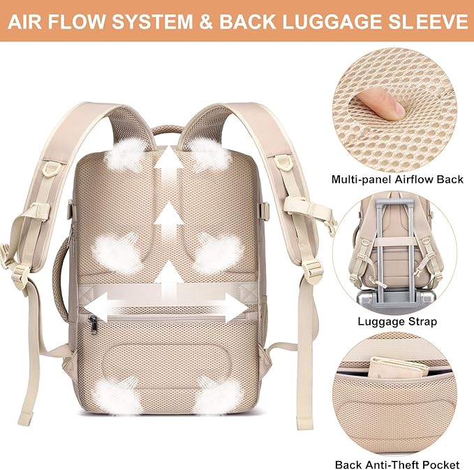 EZUOLA Carry On Backpack, Travel Backpack for Men Women Airline Approved, Underseat Personal Item Travel Bag With Shoe Compartment,Laptop Mochila 15.6inch Casual Daypack for Weekender College,Beige