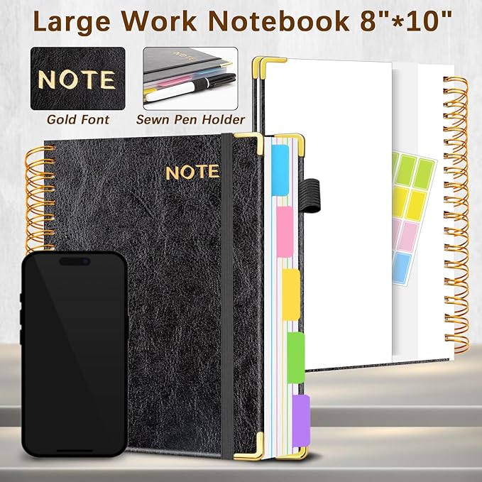 Hardcover Spiral Notebooks for Work 8''x 10'', 300 Pages 5 Subject Notebook with Dividers & Tabs, B5 Spiral Journal for Women, College Ruled Notebooks for School Note-Taking (Black)