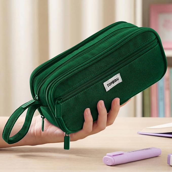 TOPBIDAI Large Pencil Case Pouch for Girls Boy Women Men Adults | Big Capacity Canvas Pencil Bag, Office School Supplies, Multi Compartment Zipper Stationery Pen Box(Dark Green)