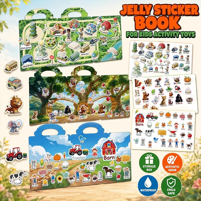 6 Sets Reusable Sticker Books for Toddlers 3-6, Jelly Sticker Book Toddlers 1-3, Kids Sticker Activity Toys 3 4 5 6, Waterproof Travel Books Girls & Boys