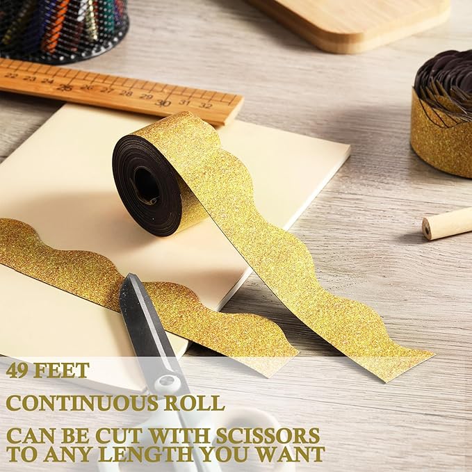 Fuyoooo 49 ft Magnetic Borders for Classroom Bulletin Board Borders Magnetic Whiteboard Classroom Strips Reusable Rolled Wall Trim for School Teacher Offices Chalkboard(Gold,Elegant Style)