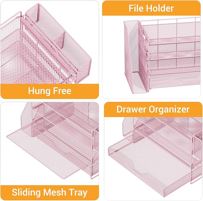 OPNICE 4-Tier Desk Organizer with Drawer & Pen Holder, Office Desk Accessories and Office Decor for Women, Paper Tray File Organizer for Home Office Workspace Supplies, Pink
