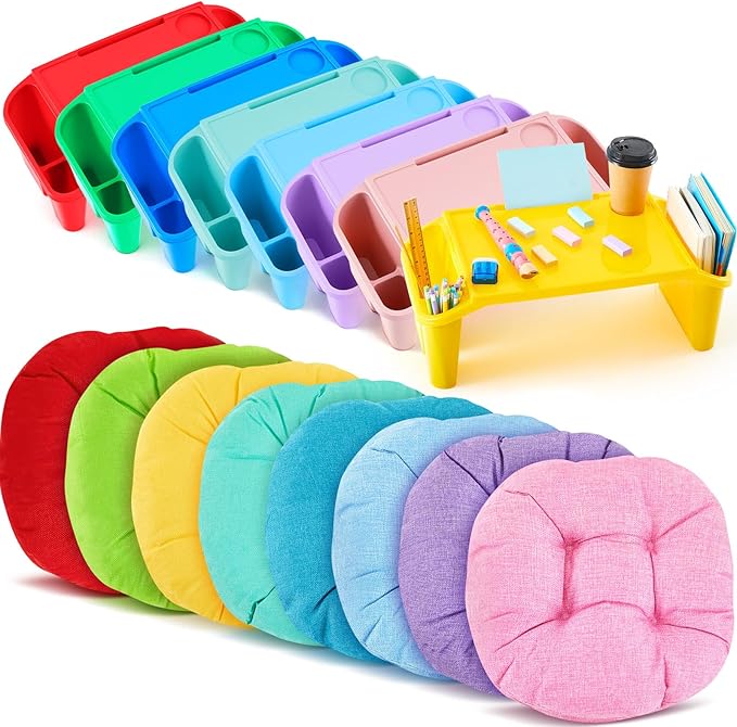 Supervitae 16 Pcs Kids' Lap Desk and Classroom Floor Cushions Set, Including Stackable Lap Tray 19.7 x 14.8 x 7.7'' & Floor Pillow 16'' for Classroom Kindergarten Daycare Nursery (Classic Colors)