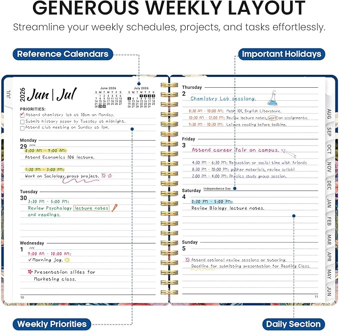 Planner 2026–2027, Academic Monthly Weekly Spiral Calendar, July 2026 – June 2027, Hardcover Agenda Notebook with Tabs, 6.3" x 8.5", Perfect for Students, Teachers, School & Daily Planning - Pelagic Petalia