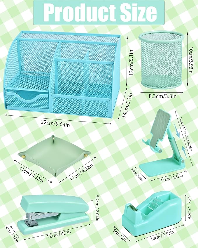 Green and Blue Desk Accessories, 26Pcs Office Supplies and Desk Organizers, with Tape Dispenser, Stapler, Staple Remover, Ect,Christmas Gifts