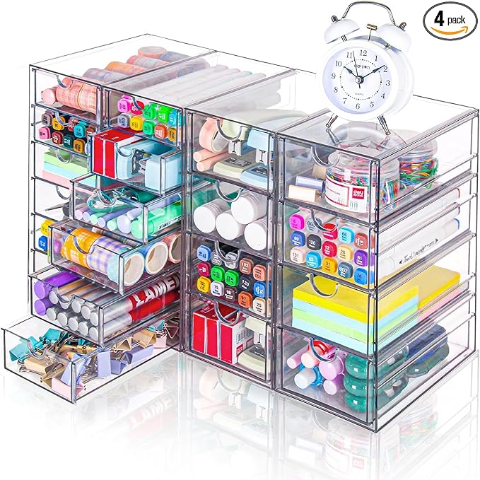 VZKAH Acrylic Organizer with Drawers | 20 Drawers 4 Sets | Desk Organizer and Storage, Clear Makeup Organization, For Office/Art Supply/Craft Storage and Organization