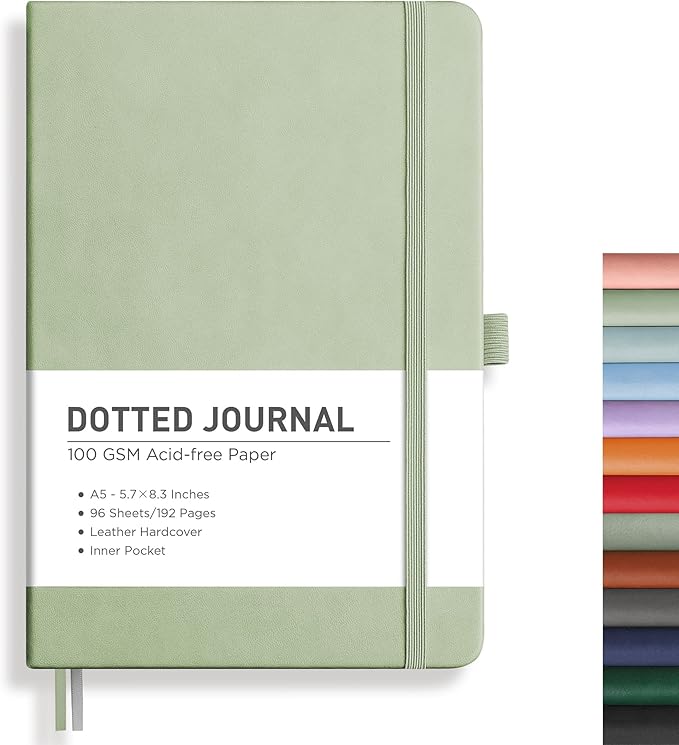 RETTACY Dotted Journal Notebook, 192 Pages, A5 Medium Size (5.7'' x 8.3''), Leather Hardcover, 100 GSM Thick Paper, for Journaling, Planning, Tracking (Light Green)