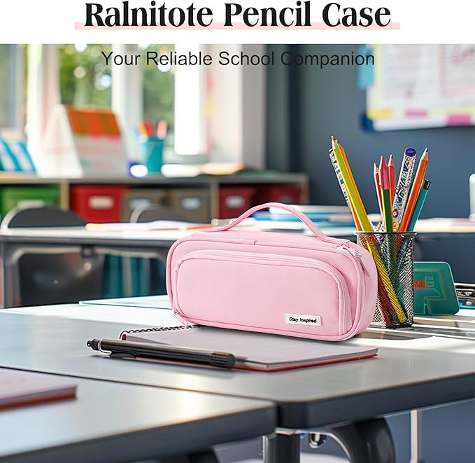 Ralnitote Large Pencil Case for Girls and Boys, Aesthetic Pencil Case Organizer with Handle, Cute Pencil Pouch for School & Office Supplies-Pink
