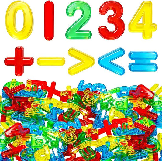 Bbiamsleep 45 Pcs Plastic Numbers and Symbols, Colorful Transparent Numbers Light Table Manipulatives for Sorting Counting Training Spelling