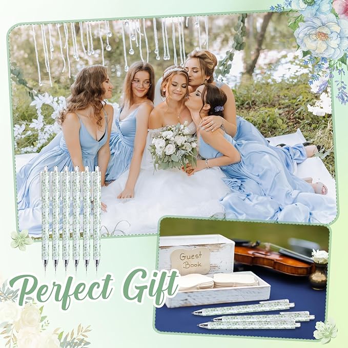 Resurhang 30 Pcs Sage Green and White Floral Ballpoint Pens 0.5 mm Black Ink Chinoiserie Gel Pens Vintage Aesthetic Retractable Ballpoint Office School Supplies for Bridal Baby Shower Wedding