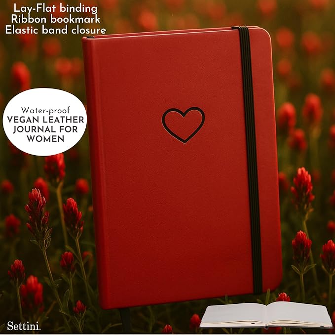 SETTINI Lined Journal, Ideal for Journaling - A5 Vegan Leather Notebook, 192 Archival-Quality Pages, QuillEase Bleed-Free Paper, Inner Pocket & Bookmark - Red Heart