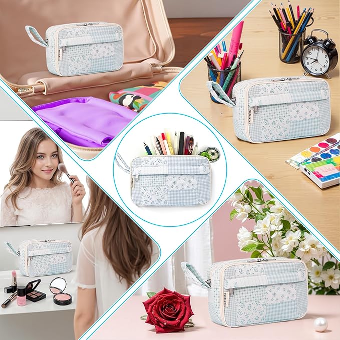 WOBAGMEN Quilted Pencil Pouch for Girls Women, Large Pencil Case Pouch with Compartments Cute Aesthetic Pencil Case Organizer, Floral Pencil Bag for School Supplies (green blue pin)