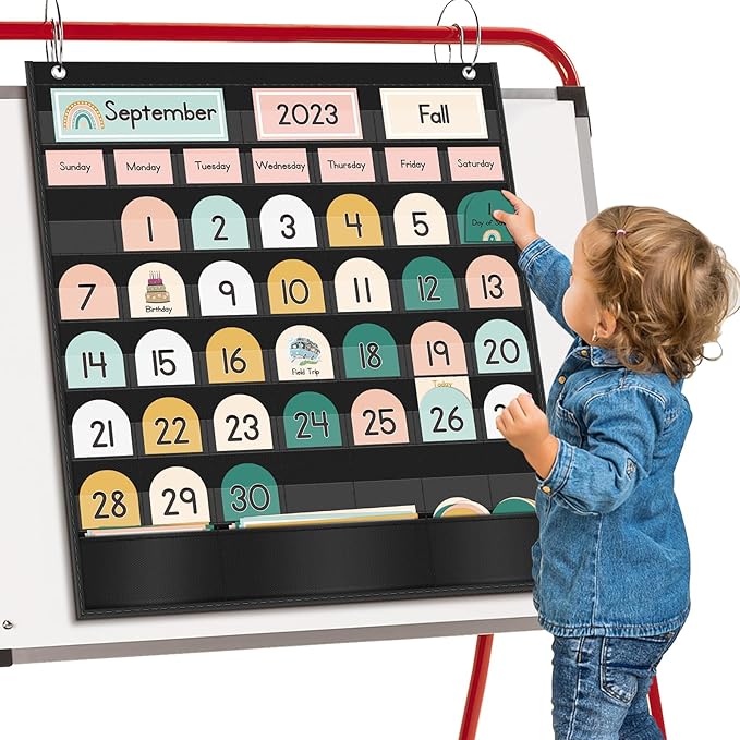 Eamay Boho Calendar Pocket Chart with 90 Cards for Kids Learning,Classroom and Home School Décor,Black