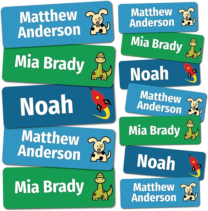 Kids Personalized Name Labels for School, Camp, Daycare (128 Labels) Custom Peel and Stick Waterproof Name Tags Stickers for Water Bottles, Lunch Boxes, Clothing, School Supplies (Adventure Crew)