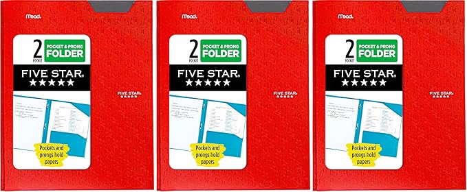 Five Star 2 Pocket Folder, Stay-Put Folder, Plastic Colored Folders with Pockets & Prong Fasteners for 3-Ring Binders, 8-1/2” x 11", Fire Red (72109) (Pack of 3)