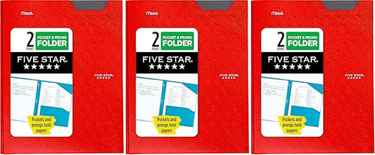 Five Star 2 Pocket Folder, Stay-Put Folder, Plastic Colored Folders with Pockets & Prong Fasteners for 3-Ring Binders, 8-1/2” x 11", Fire Red (72109) (Pack of 3)