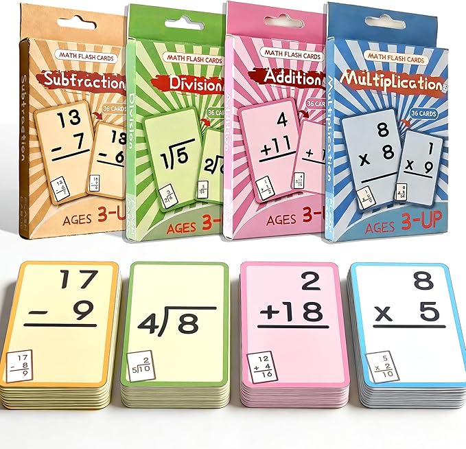 4 Set in 1, 144 Pcs Math Flashcards for Kids Ages 3-Up, Include Addition, Subtraction, Division and Multiplication Flash Cards, Math Flashcards, Multiplication Flash Cards