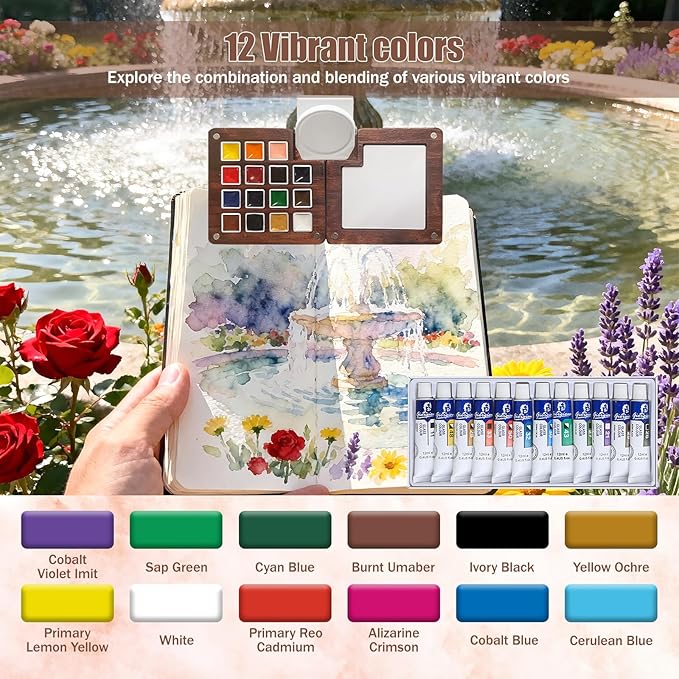 Mini Watercolor Travel Set,Portable Watercolor Kit,15 Grids Portable Wooden Paint Palette with Bag,12 Paint, 4 Brush, Cleaner Cup,2 Sketchbooks Magnetic Clip,Watercolor for Painters,Beginners,Artists